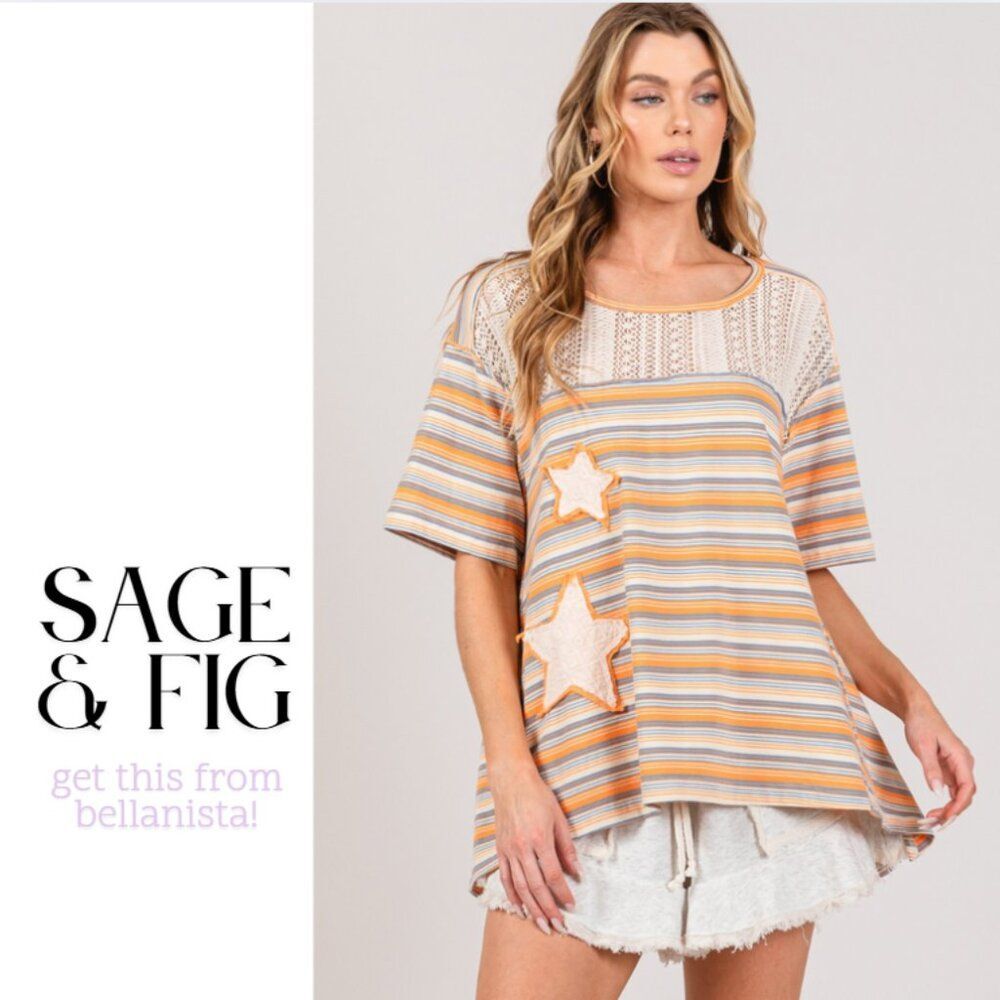 T7108 SAGE + FIG Striped Crochet Accent Star Applique Top